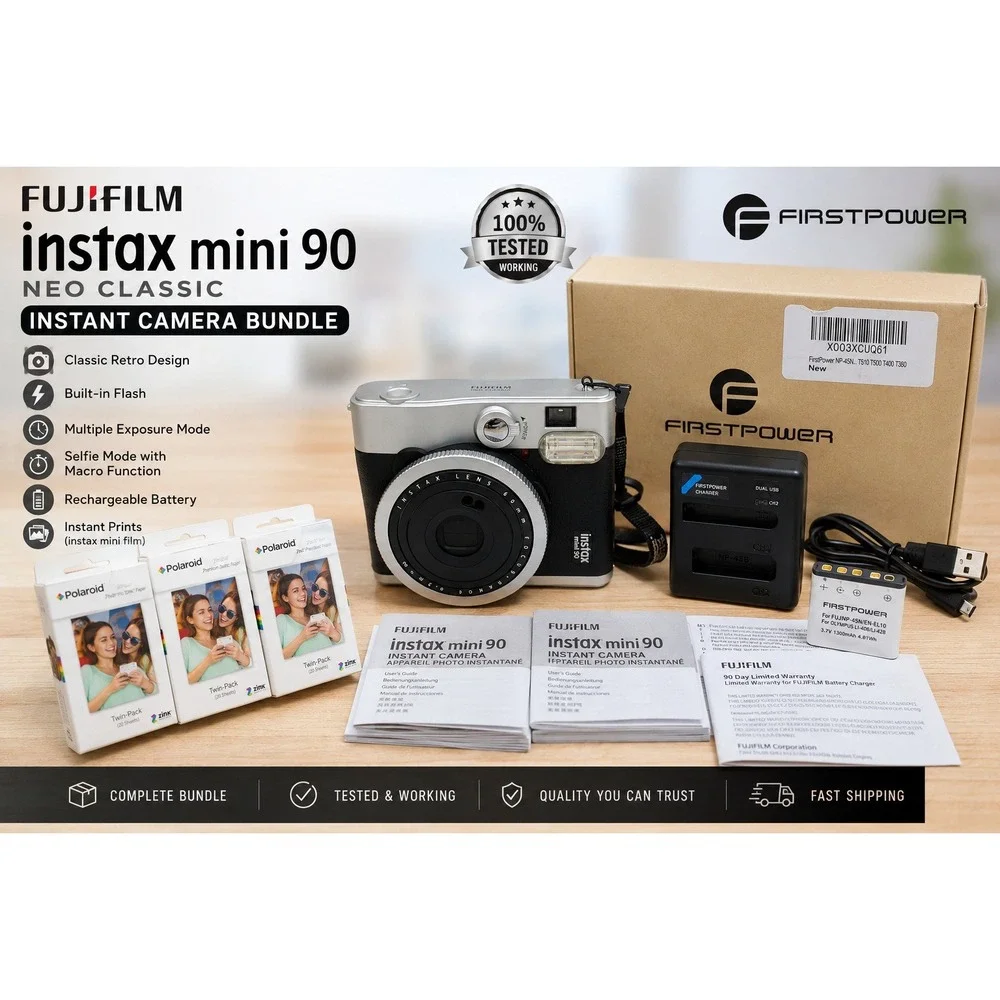 Fujifilm Instax Mini 90 Neo Classic Instant Film Camera Silver Black Bundle